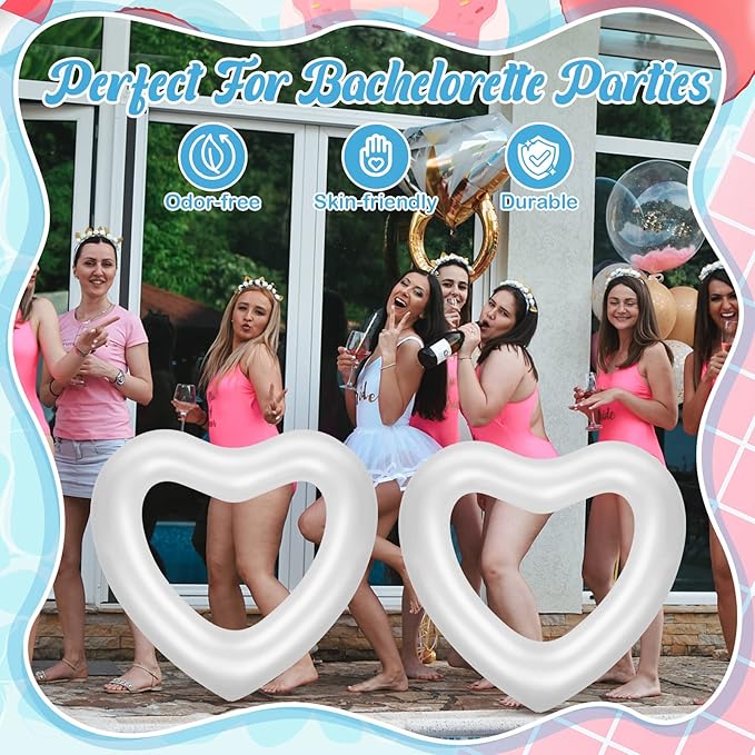 Junkin 3 Pcs 47. 3 x 39. 4 Inch White Heart Pool Float Bachelorette Inflatable Swim Float Bride Pool Water Ring Loungers Tube Swimming for Engagement, Wedding, Summer Beach Party