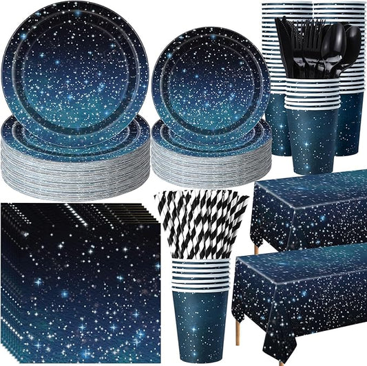 452 Pcs Galaxy Party Decorations for 50, Starry Night Theme Paper Plates Napkins Cups Tablecloth Cutlery Straws for Outer Space Theme Birthday Bridal Baby Shower Party Decorations Supplies