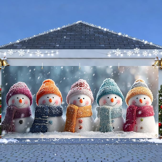 Christmas Garage Door Banner 7x16FT, Colorful Snowmen Family with Winter Scarves, Large Outdoor Xmas Garage Door Cover, Decoration for Driveways, Holiday Parties and Winter Festivities