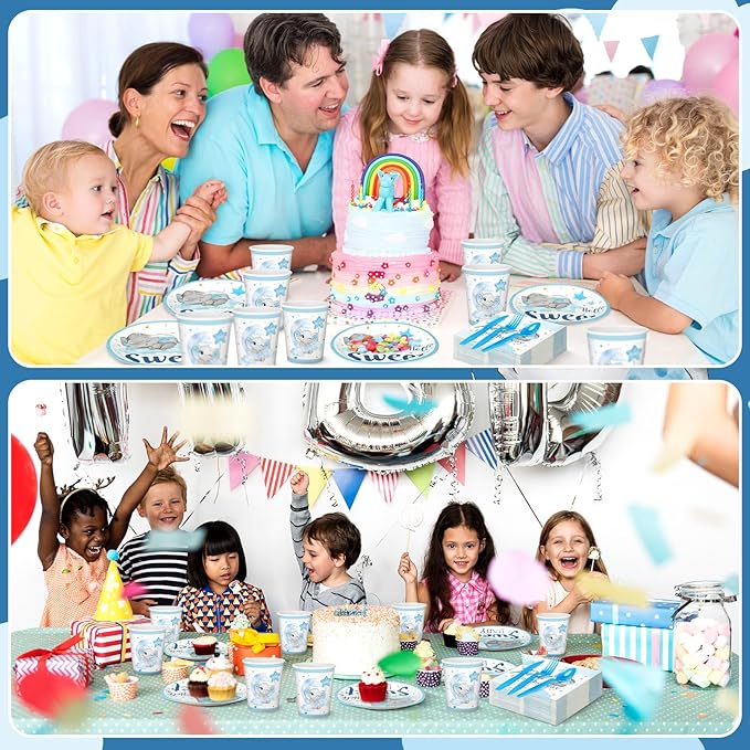 Dandat 350 Pcs Baby Shower Plates Set Baby Shower Party Supplies Serves 50 Tableware Sets Include Plates Napkin Cup Forks Knives Spoons Disposable Dinnerware(Elephant,Blue)