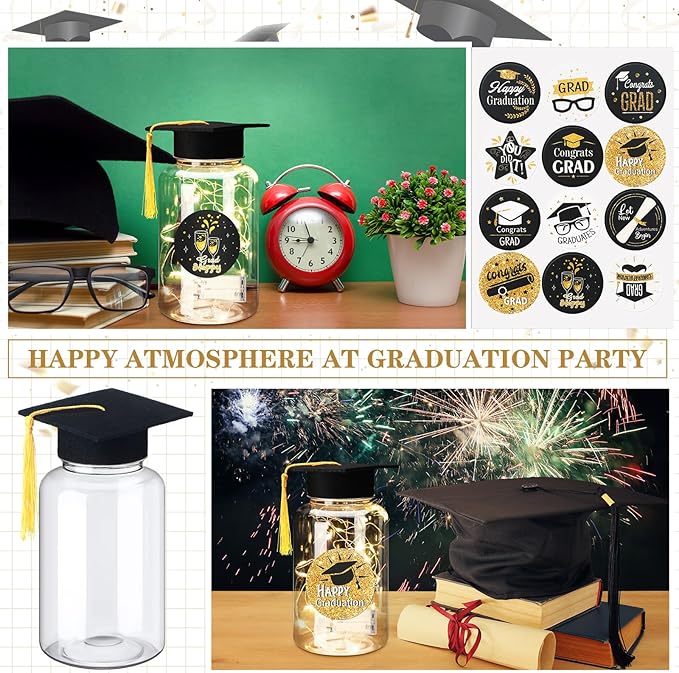 Boao 16 Sets Graduation Table Decoration Set with LED Light up Graduation Decorations for Class of 2026, Grad Jar, Felt Grad Hat and Stickers for High School College(Black)