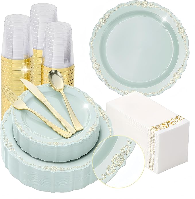 Fijinhom175 PCS Green Disposable Plates, Elegant Dinnerware Set for 25 Guests, 50 Plastic Plates, 75 Silverware, 25 Cups & 25 Paper Napkins, Green