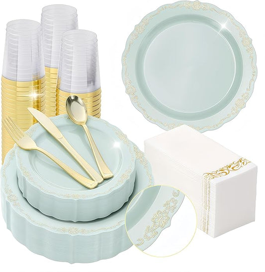 Fijinhom175 PCS Green Disposable Plates, Elegant Dinnerware Set for 25 Guests, 50 Plastic Plates, 75 Silverware, 25 Cups & 25 Paper Napkins, Green