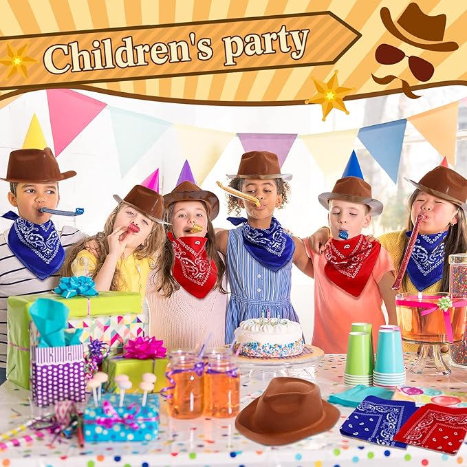 Hillban 72 Pcs Western Cowboy Hat and Paisley Bandana Set for Kids Felt Cowboy Party Hats for Costume Party Favors(Brown)