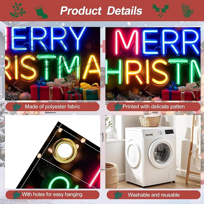 Colorful Neon Merry Christmas Garage Door Banner 7x16FT, Bright Holiday Sign for Xmas, Outdoor Decoration for Garage Doors, Large Garage Cover for Christma