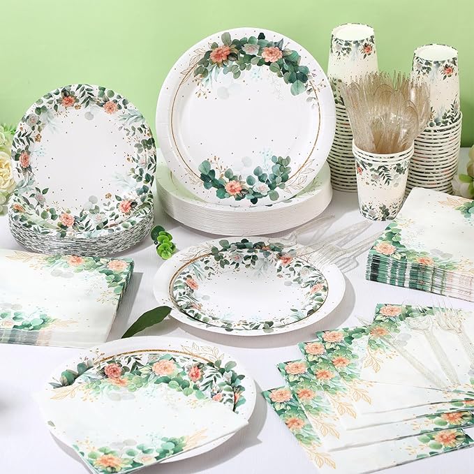 400 Pcs Sage Green Color Party Supplies Serve 50 Guests Eucalyptus Flowers Disposable Paper Plates Napkins and Cups for Bridal Baby Shower Birthday Wedding Party Decorations(Elegant)