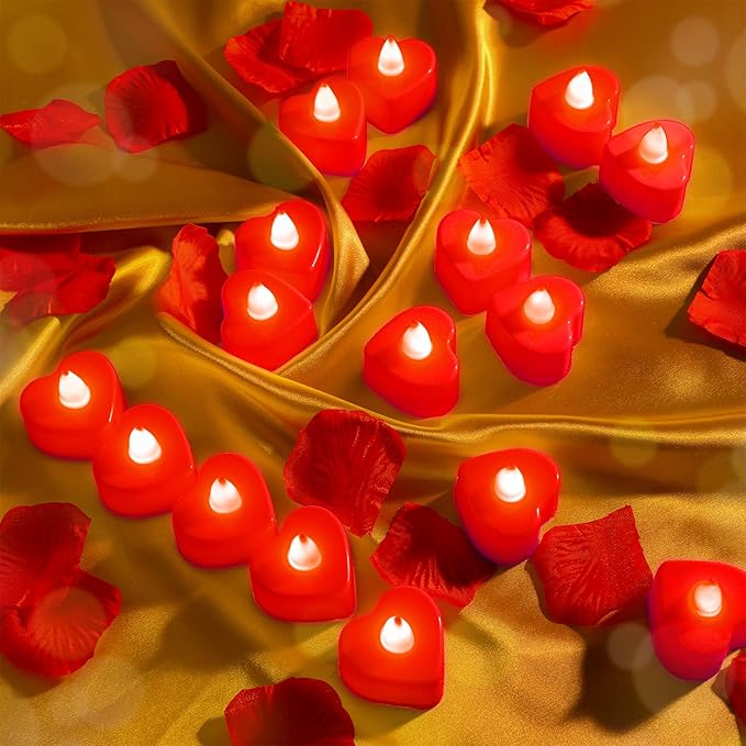 Coume 6000 Pcs Artificial Rose Petals with 120 Pcs Heart LED Tea Lights Candles Kit Valentines Rose Petals Candles Set for Romantic Night Anniversary Proposal Wedding Date Hotel(Red Light)