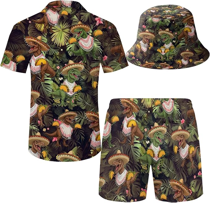 Men's Hawaiian Shirt and Shorts Set 2 Piece Beach Outfits with Bucket Hats for Beach Days and Summer Vibes