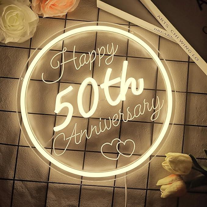 50th Anniversary Neon Sign Dimmable Happy Anniversary Sign Wedding Anniversary Decorations Led Sign Best 50th Gifts for Parents Couples(11.26")
