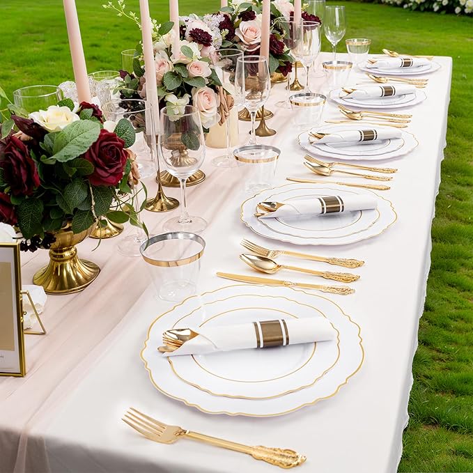 Liacere 700PCS Gold Plastic Plates - Baroque Dinnerware Sets for 100 Guests - 200 Disposable Plates（10inch，7inch）, 300 Gold Plastic Silverware, 100 Cups, 100 Napkins for Wedding & New Year