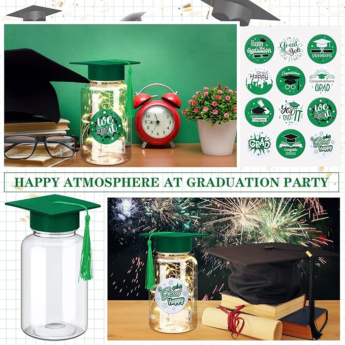 Boao 16 Sets Graduation Table Decoration Set with LED Light up Graduation Decorations for Class of 2026, Grad Jar, Felt Grad Hat and Stickers for High School College(Green)