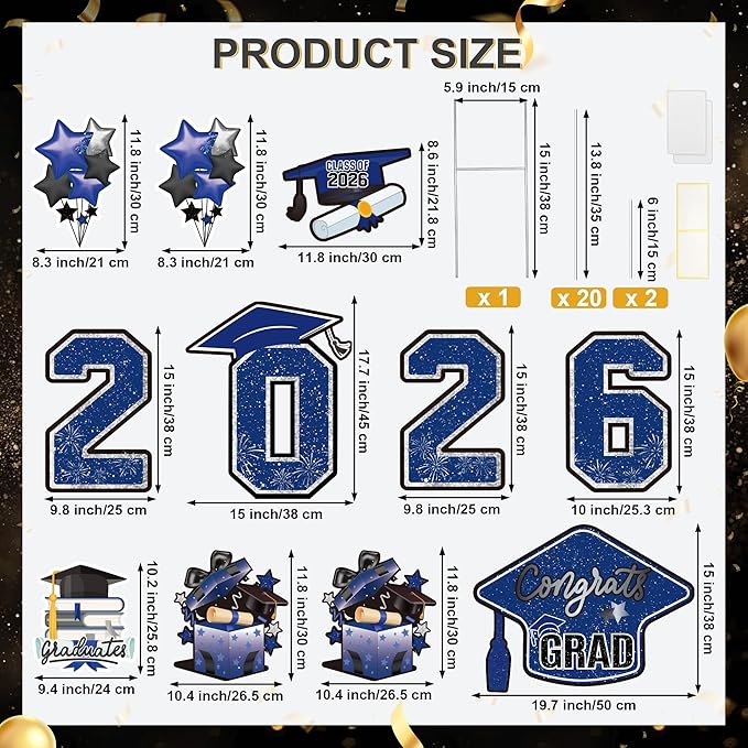 Large 11 PCS Graduation Yard Signs, Class of 2026 Congrats Grad Outdoor Lawn Yard Sign with Stakes, Graduate Yard Decorations for College High School Party, Black and Blue
