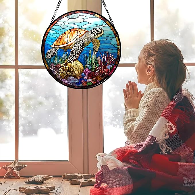 Stained Glass Window Hanging Blue Sea Ocean Coral Turtle Large 11.8" - Suncatcher Door Garden Sunroom Sun Catcher Home Decor Birthday Christmas for Mom Men Woman Nana