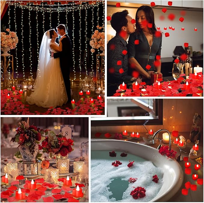 Coume 6000 Pcs Artificial Rose Petals with 120 Pcs Heart LED Tea Lights Candles Kit Valentines Rose Petals Candles Set for Romantic Night Anniversary Proposal Wedding Date Hotel(Red Light)