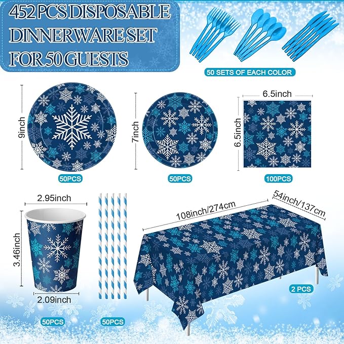 452 Pcs Winter Dark Blue Snowflake Party Supplies for 50, Blue Silver White Snowflake Paper Plates Napkins Cups Tablecloth Cutlery Straws for Winter Birthday Wonderland Party Decoration