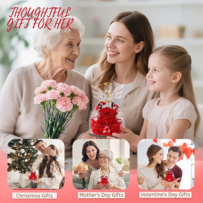 Birthday Gifts for Women Mom Preserved Roses in Glass Angel Figurines Fresh Flowers for Delivery Forever Flowers Eternal Rose Valentines for Grandma Sister Wife Her from Daughter