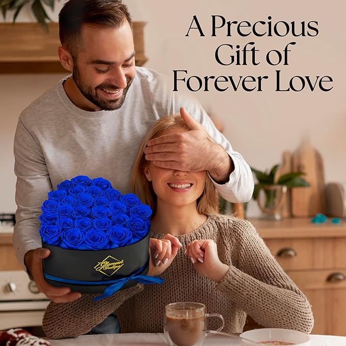 GLAMOUR BOUTIQUE 27 Flower Forever Heart Shape Box, Eternal Preserved Roses Gift for Her, Lasting Flowers, Premium Floral Heart Box for Birthday, Anniversary or Valentine’s Day, Blue (Color-Treated)