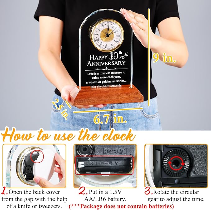 YWHL 30th Wedding Anniversary Clock Gifts for Couple, 30 Years Anniversary Glass Gift for Wife Husband, Table Clock Glass Presents with Wooden Light Base for HomeDecoration (Battery not Included)
