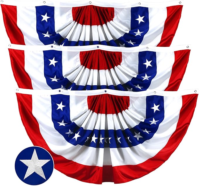 G128 – 3 Pack: USA Pleated Fan Flag, 4x8 Feet American USA Bunting Decoration Flags EMBROIDERED Patriotic Stars & Sewn Stripes Canvas Header Brass Grommets