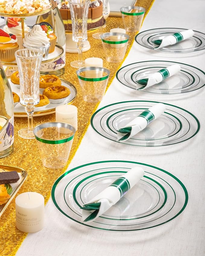 Goodluck 350 Piece Green Plastic Plates, Clear Plastic Silverware Disposable Plates Set, Include 100Plates, 50Pack Pre Rolled Napkins with Silverware, 50Cups for Party, Christmas, Graduation, Wedding