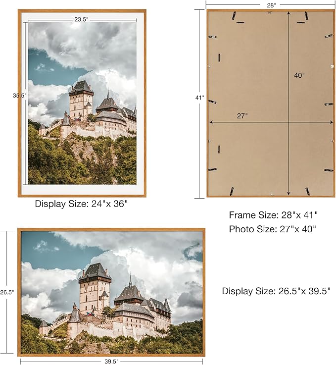 Axeman 27x40 Picture Frame with Mat for 24x36 - Solid Teak Wood Poster Frame with Tempered Glass for Home Decor, Wooden 27''x40'' Minimalist Photo Frame Movie Poster Frame with Hooks, Natural Teak