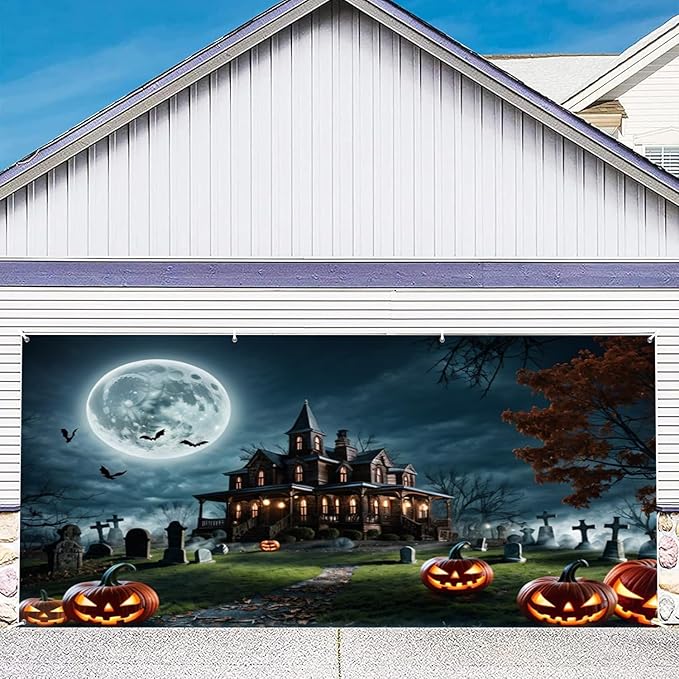 Horror Halloween Garage Door Decorations Backdrop Haunted House Moonlight Bat Terror Tomb Courtyard Wall Background Magical Night Pumpkin Trick or Treat Banner Studio Props 13x6ft