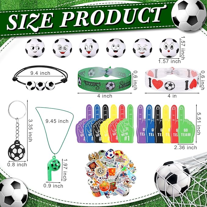 Maxdot 194 Pcs Soccer Party Favors 24 Set Soccer Goodie Foam Finger Mini Face StressBall Keychain Bracelet Wristband Whistle Sticker for Kids Birthday Party Supplies Gift