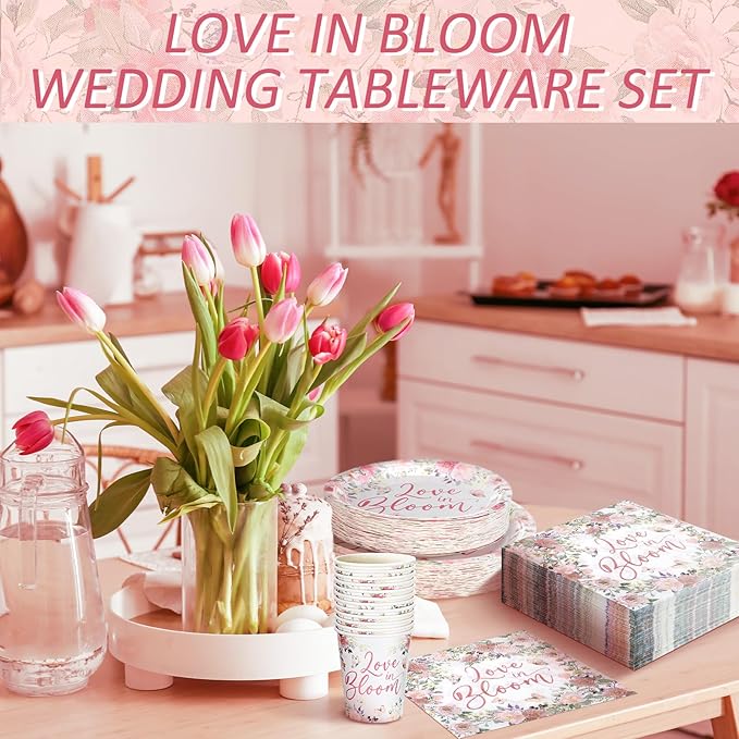 Zhehao 250 Pcs Love in Bloom Bridal Shower Plates Napkins Sets 50 Pcs 9'' Dinner Plates and 7'' Dessert Plate and 9oz Cups 100 Napkins Serves 50 Party Supplies Bridal Shower Engagement Decoration