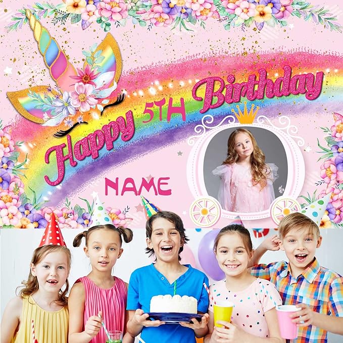 Custom Unicorn Rainbow Happy Birthday Party Decorations Supplies Personalized Unicorn Rainbow Birthday Backdrop Banner(5x7.5ft)