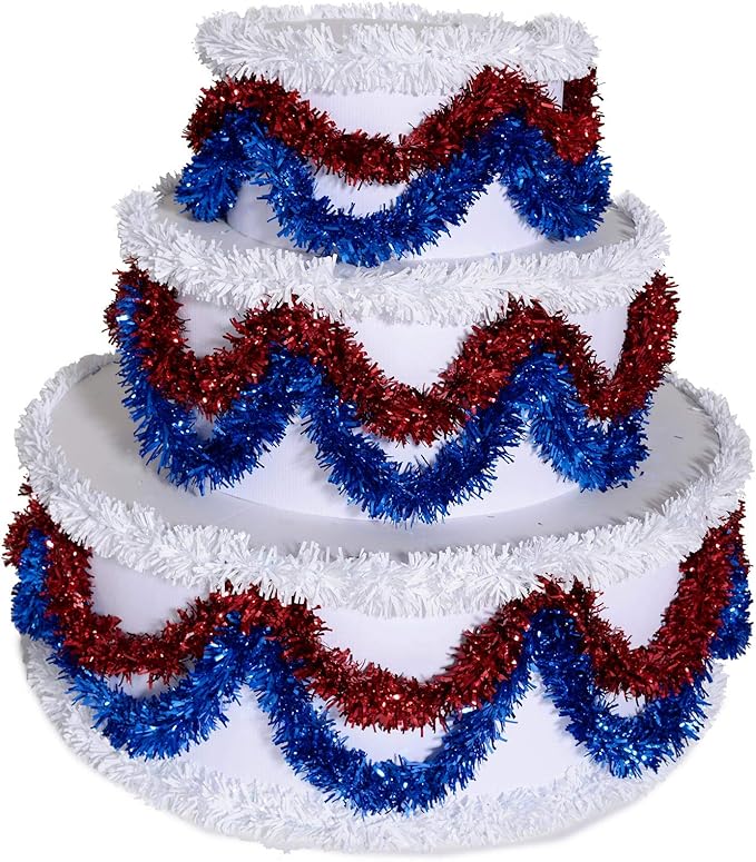 Anderson's 3-Tier Red, White & Blue Trim Pop-Out Cake, Life-Size Jumbo Prop for Surprise Entrances, Weddings, Birthdays, Holidays, Stage Reveals, Photo Ops – Includes Tools, Reusable, 46" x 50"