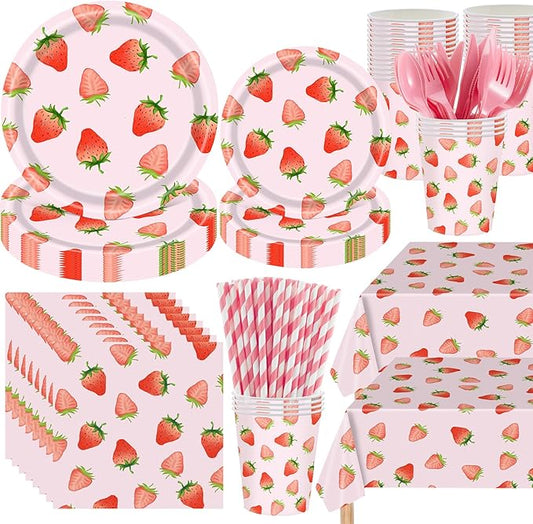 452 Pcs Strawberry Birthday Party Decorations, Strawberry Paper Plates Napkins Cups Tablecloth Cutlery Straws for Summer Fruit Theme Baby Shower Birthday Party Supplies