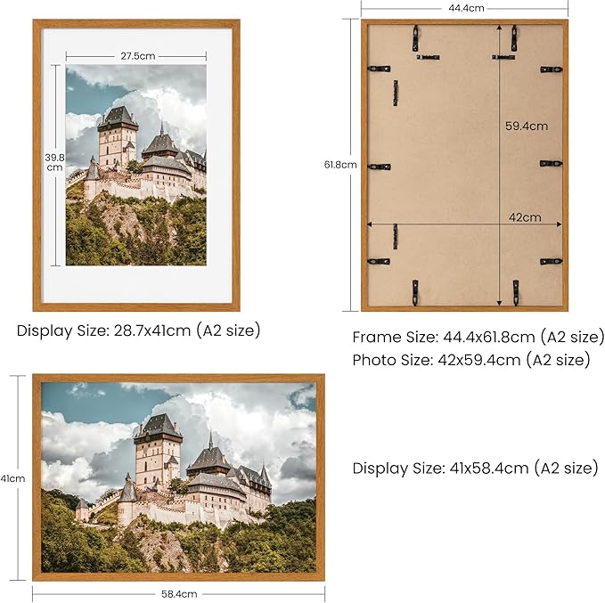 Axeman A2 Picture frame with mat for A3, Tempered Glass and Hanging Hardware Included Natural Teak Home Decor Art Hanging Poster Frame, Natural Teak