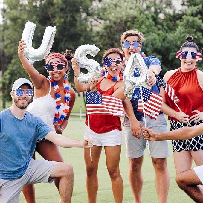 16 Pack American Flag Glasses for 4th of July Party, Patriotic Independence Day Decorations, Red White and Blue Photo Booth Props, Novelty Glasses and Party Supplies