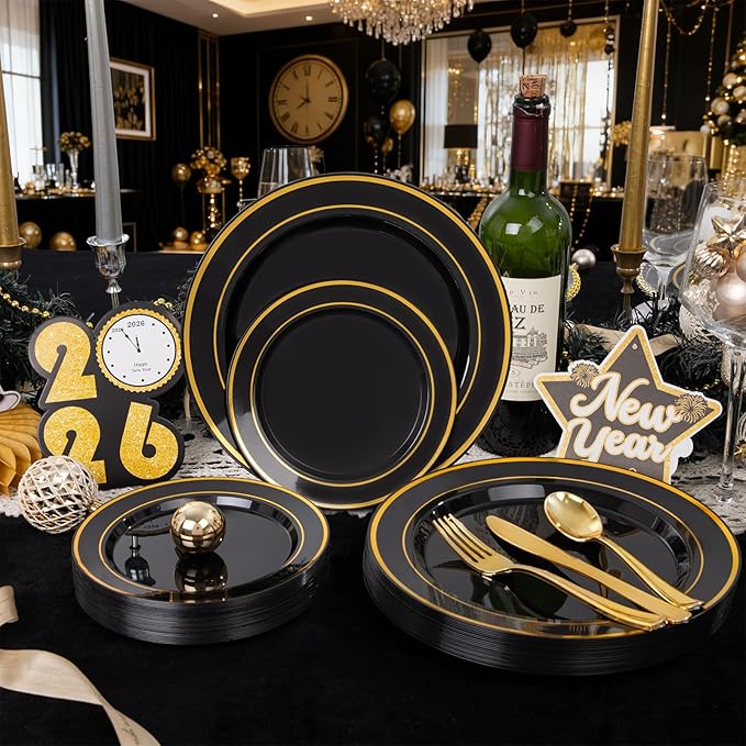 175PCS Black and Gold Plates - Black Disposable Plates for Party - 25Guests Disposable Dinnerware Set for New Year/Wedding