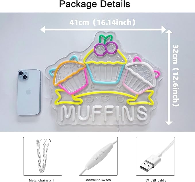 Muffins Neon Sign, Neon Lights Hanging Wall Art Decoration for Bakery Café Restaurant Snack Bar Pastry Shop Party Home Decor, USB Powered Ultra Bright Dimmable, 16.14×12.6inches