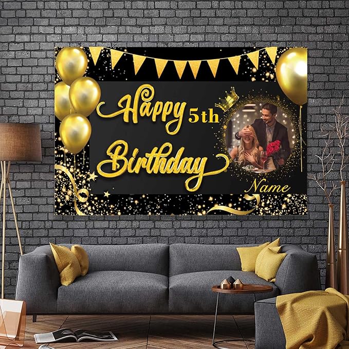 Custom Black and Gold Happy Birthday Party Decorations Supplies Personalized Black and Gold Birthday Backdrop Banner(5x7.5ft)