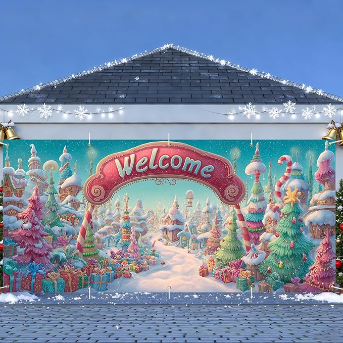 Christmas Welcome Garage Door Banner 7x16FT Candy Village Scene, Xmas Garage Door Cover for Outdoor Decorations & Holiday Parties