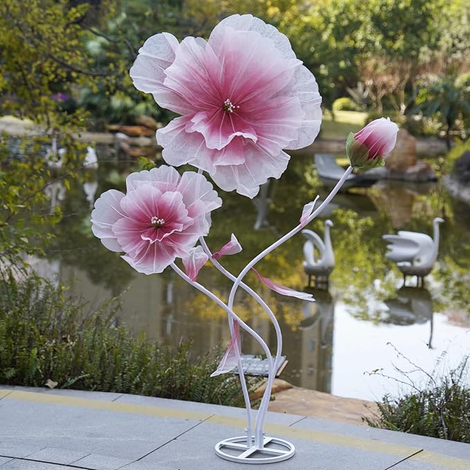 Giant Artificial Flower Decor,Oversized Gradient Organza Flower with Bendable Stem,DIY Shape Fake Flower Sculpture with Heavy Base for Wedding,Event,Party & Photo Backdrop,Store Display (red)