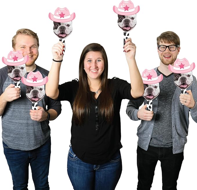 Big Dot of Happiness Custom Photo Last Rodeo - Pink Cowgirl Bachelorette Party Head Cut Out Photo Booth and Fan Props - Fun Face Cutout Paddles - Set of 6