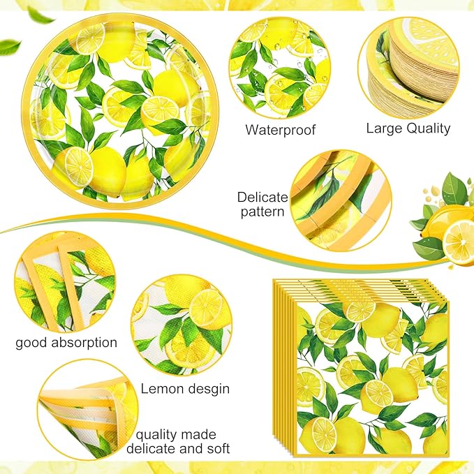 452 Pcs Lemon Party Decorations, Yellow Lemons Paper Plates Napkins Cups Tablecloth Cutlery Straws for Summer Fruit Theme Birthday Wedding Baby Shower Party Supplies, Serves 50