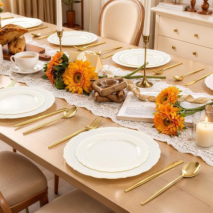 U-QE 100 Pieces Ivory Plastic Plates for Party - Ivory Disposable Plastic Plates - Heavy Duty Disposable Platos Including 50 Dinner 10 '' & 50 Dessert 7.5 '' for Valentine's Day