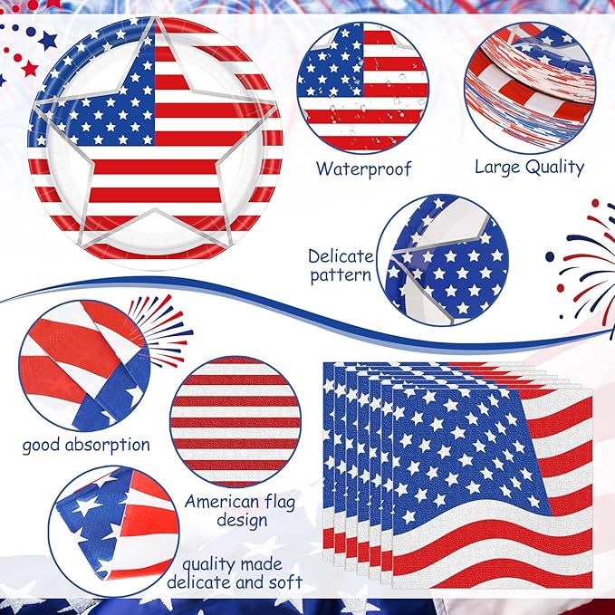 400 Pcs American Flag Patriotic Party Supplies Labor Day Disposable Paper Plates Napkins and Cups Veterans Election Tableware for Independence 4th of July Memorial Day(Novelty)