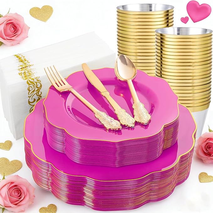 NOCCUR 175PCS Hot Pink Plastic Plates with Gold Disposable Silverware - Include 50 Hot Pink Plates,25 Knives,25 Forks,25 Spoons,25 Cups and 25 Napkins - Ideal for Party/Valentines & Galentines Day