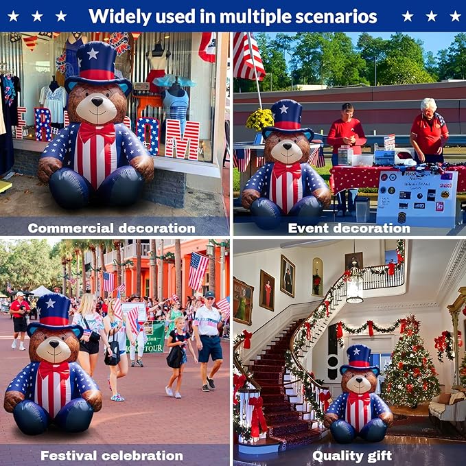 5.6FT 4th of July Inflatables Bear with Bow LED Inflatable Outdoor Holiday Yard Decorations Blow Up Decor for Patriotic Decorations Advertising Business Promotion
