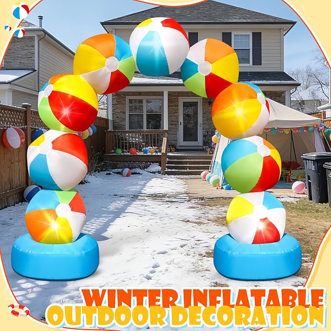 8FT Winter Inflatable Beach Ball Arch Blow Up Arch Built-in 5 LED Lights for Winter Inflatables Outdoor Decorations Birthday Party Favors Spring Party Supplies for Pool Beach Yard Lawn Garden Decor