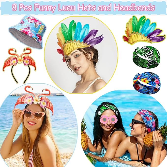 Large Summer Luau Photo Booth Props Set, Funny Hawaiian Sunglasses, Tropical Fancy Dress Props, Inflatable, Hawaiian Photo Booth Props for Summer Pool Beach Tiki Hawaii Themed Party Supplies