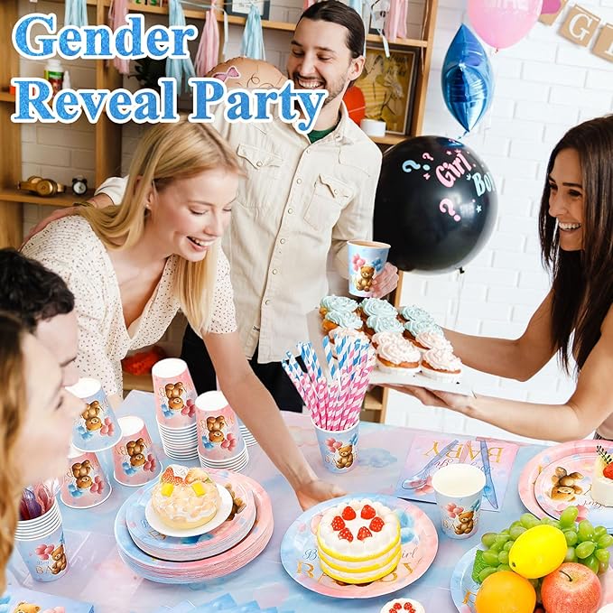 452 Pcs Bear Themed Gender Reveal Party Decorations for 50, Boy or Girl Gender Reveal Paper Plates Napkins Cups Tablecloth Cutlery Straws for Pink Blue Baby Shower Party Supplies