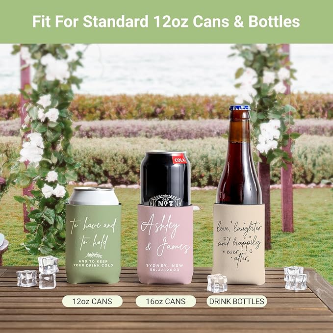 Personalized Can Sleeves for Wedding & Party Favors – Custom Drink Holders for Anniversary, Engagement, Bridal Showers – Bulk Gifts for Guests, Fits 12-16oz Cans & Bottles (20, Slim)