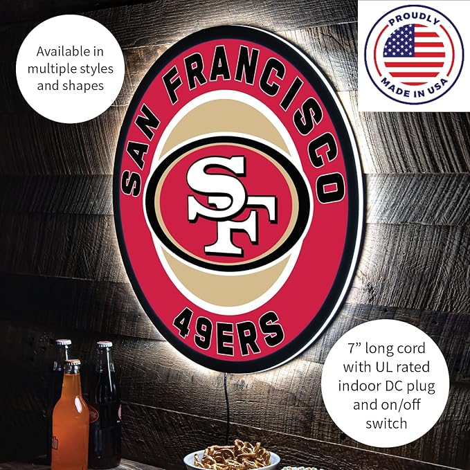 Team Sports America Evergreen NFL San Francisco 49ers | Ultra-Thin LED Light Wall Sign Decor | 23 Inch Round | Made in the USA