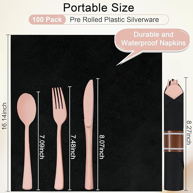 400 PCS Pre Rolled Cutlery Sets, Premium Rose Gold Plastic Flatware Set Wrapped in Black Napkin, Disposable Cutlery Set with 100 Forks, 100 Knives, 100 Spoons, 100 Napkins for Wedding, Party, Dinner